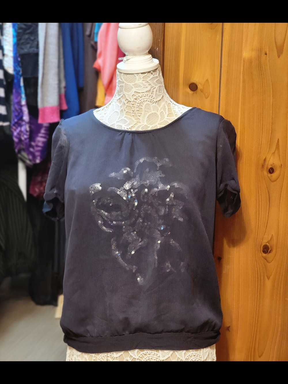 Cynthia Rowley Navy Sequin Floral Short-Sleeve Top
